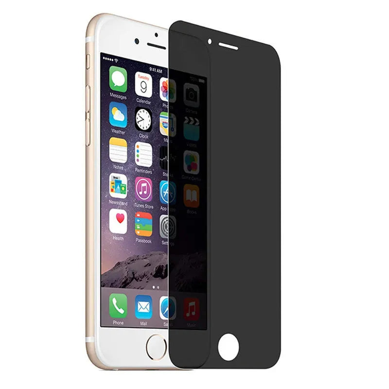 Tempered glass privacy screen protector for iPhone showing anti-peeping effect.