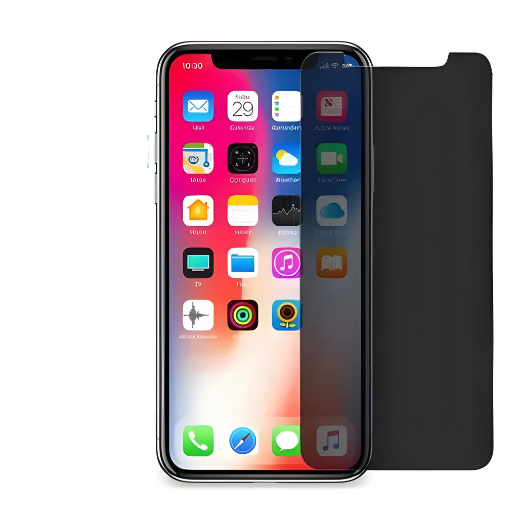 Tempered glass privacy screen protector for iPhone showing anti-peeping effect.