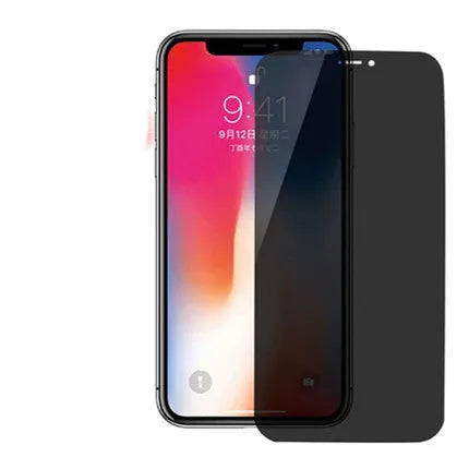 Tempered glass privacy screen protector for iPhone showing anti-peeping effect.
