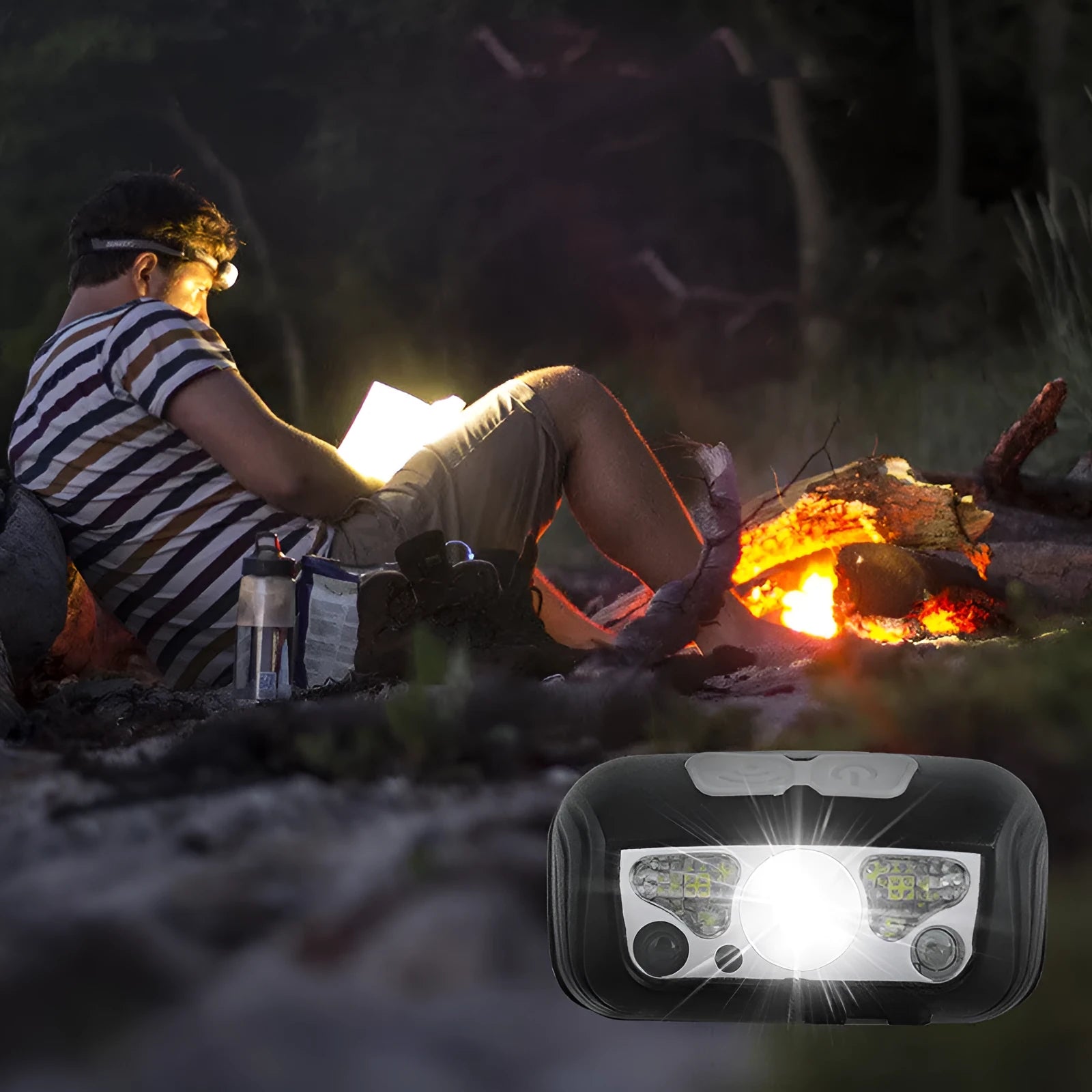Black USB rechargeable headlight with white and red LED lights and motion sensor.
