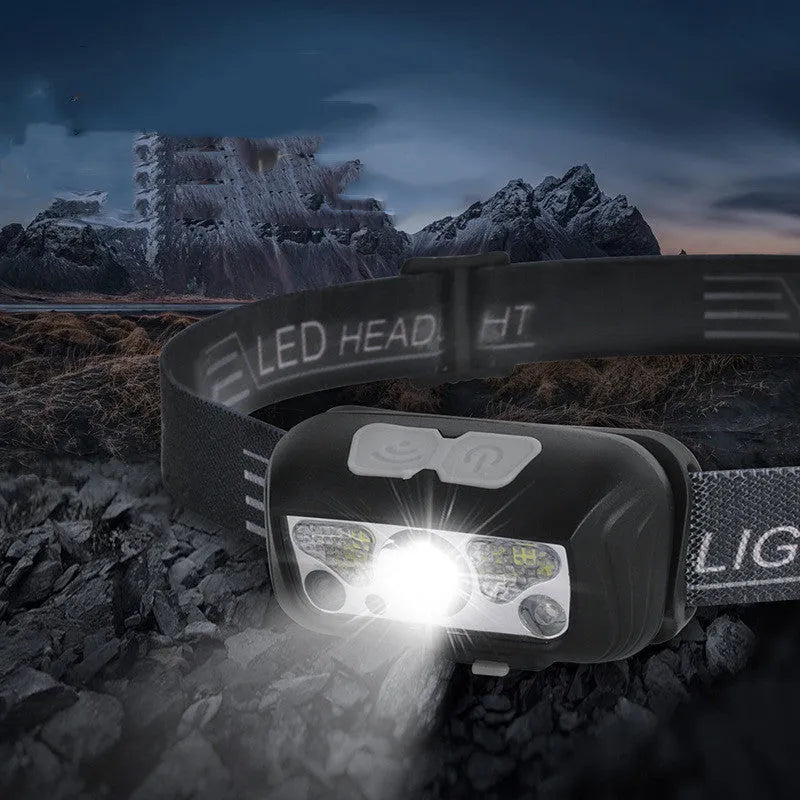 Black USB rechargeable headlight with white and red LED lights and motion sensor.