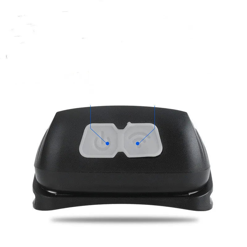 Black USB rechargeable headlight with white and red LED lights and motion sensor.