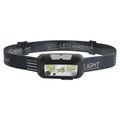 Black USB rechargeable headlight with white and red LED lights and motion sensor.
