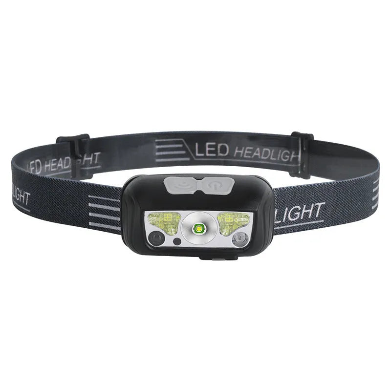 Black USB rechargeable headlight with white and red LED lights and motion sensor.