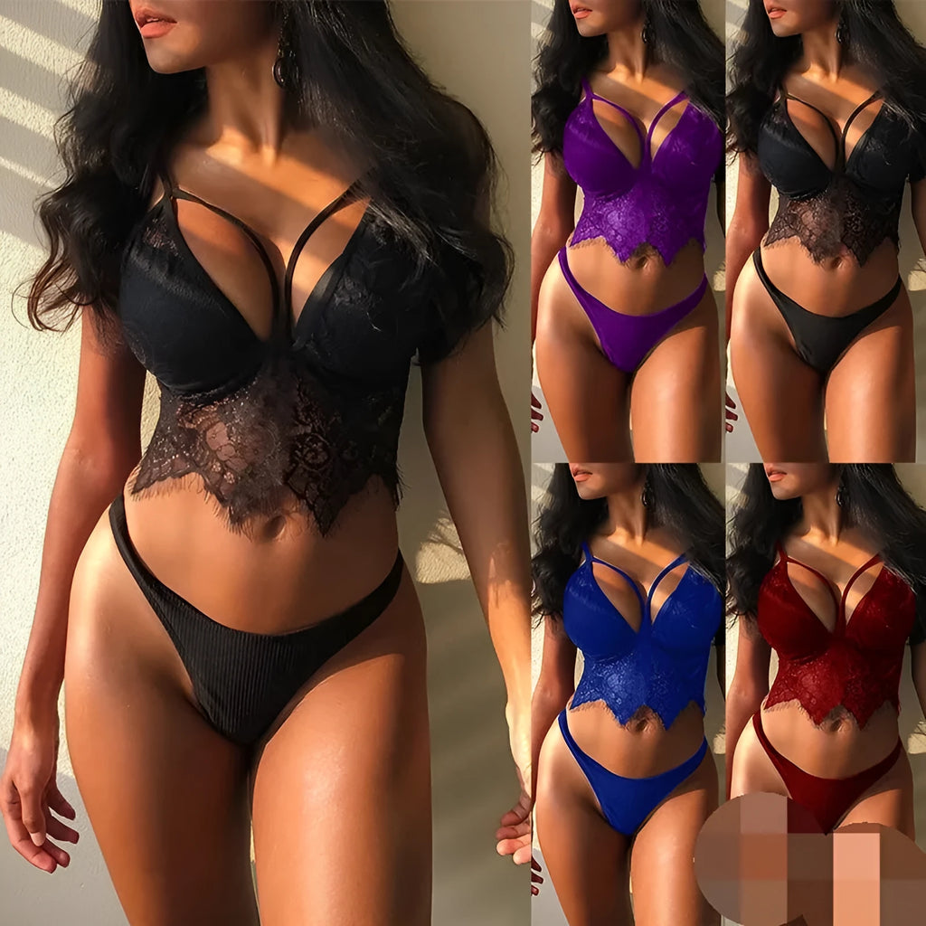 Women's lace lingerie set in red, purple, blue or black with three-piece design