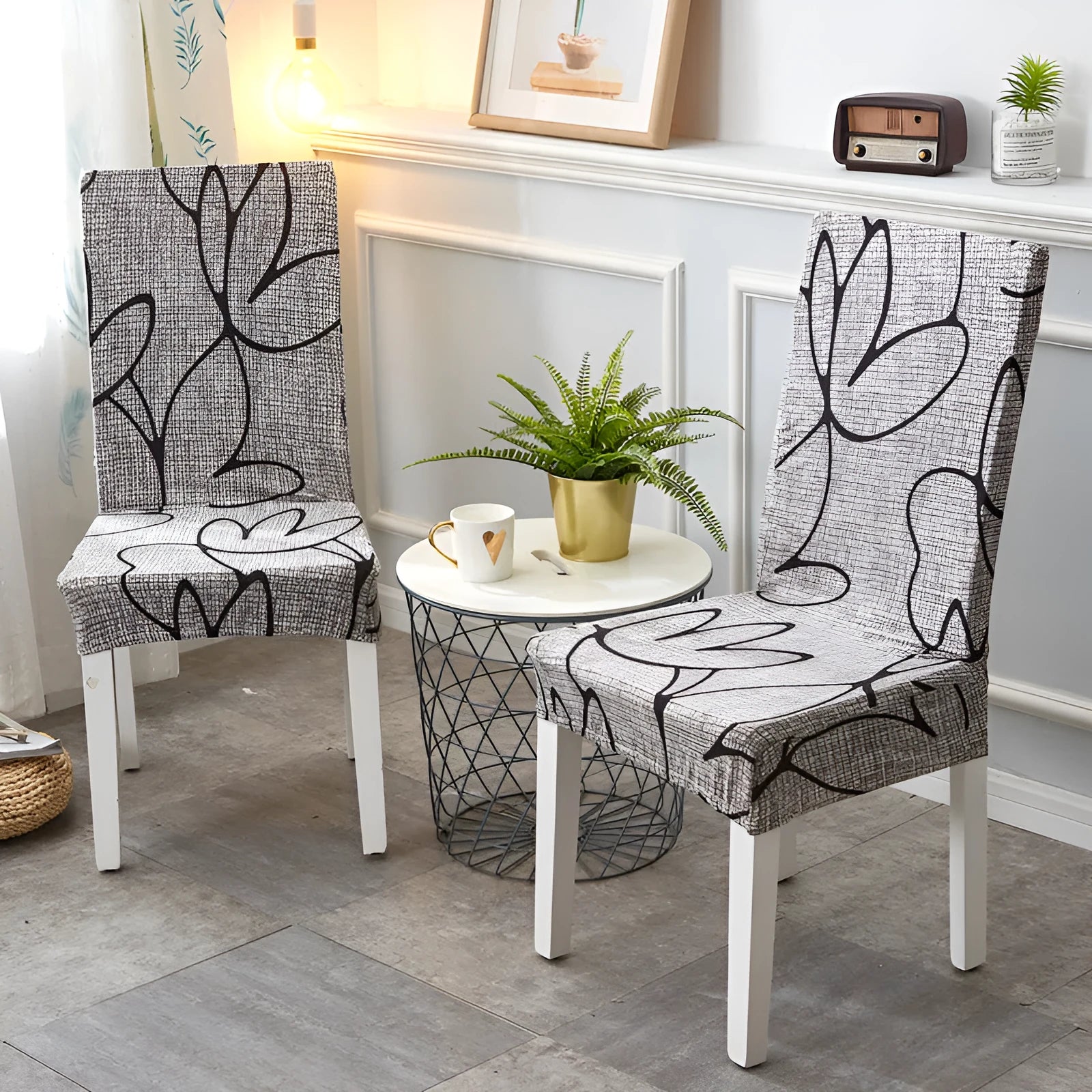 Stretch elastic chair cover on a four-legged wooden chair, showing fitted backrest and seat.