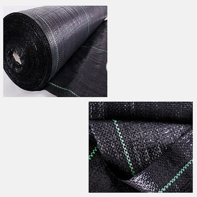 Black polyethylene woven weed control fabric laid flat showing woven texture and dimensions