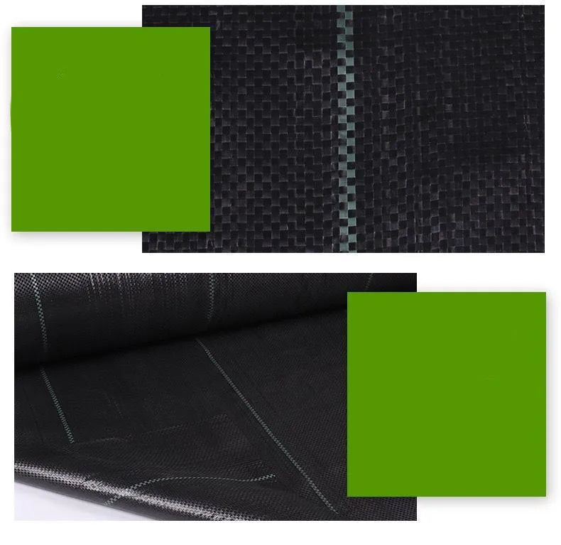 Black polyethylene woven weed control fabric laid flat showing woven texture and dimensions