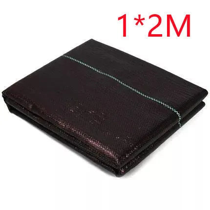 Black polyethylene woven weed control fabric laid flat showing woven texture and dimensions