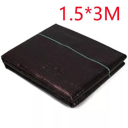 Black polyethylene woven weed control fabric laid flat showing woven texture and dimensions