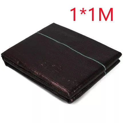 Black polyethylene woven weed control fabric laid flat showing woven texture and dimensions