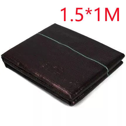 Black polyethylene woven weed control fabric laid flat showing woven texture and dimensions