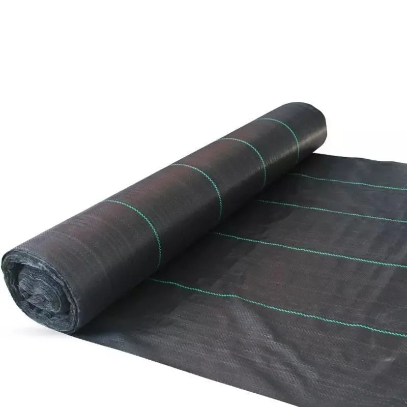 Black polyethylene woven weed control fabric laid flat showing woven texture and dimensions