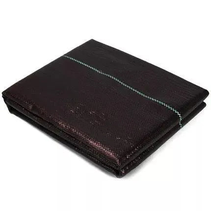 Black polyethylene woven weed control fabric laid flat showing woven texture and dimensions