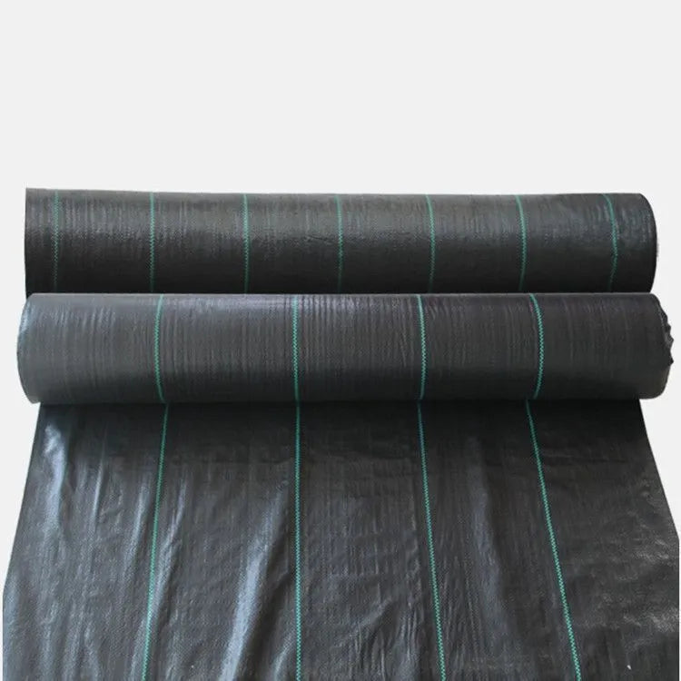 Black polyethylene woven weed control fabric laid flat showing woven texture and dimensions