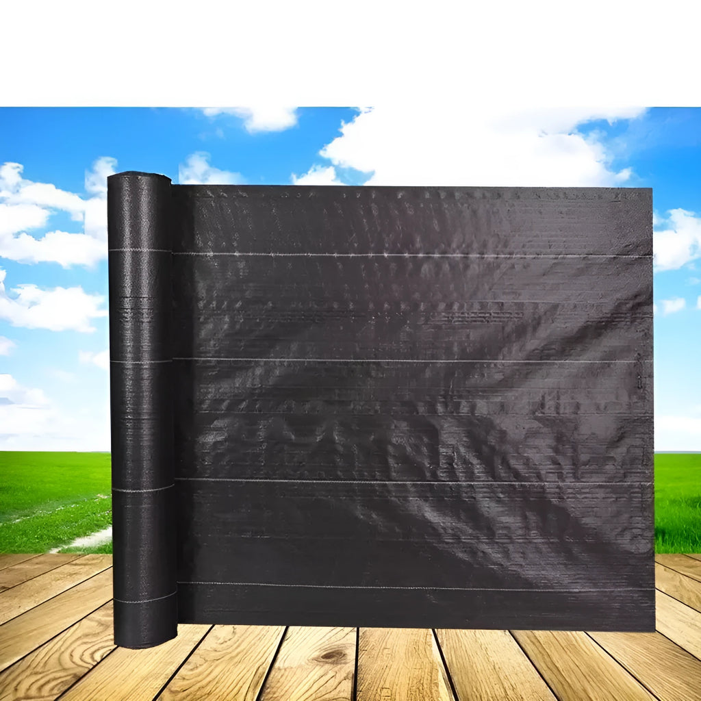 Black polyethylene woven weed control fabric laid flat showing woven texture and dimensions