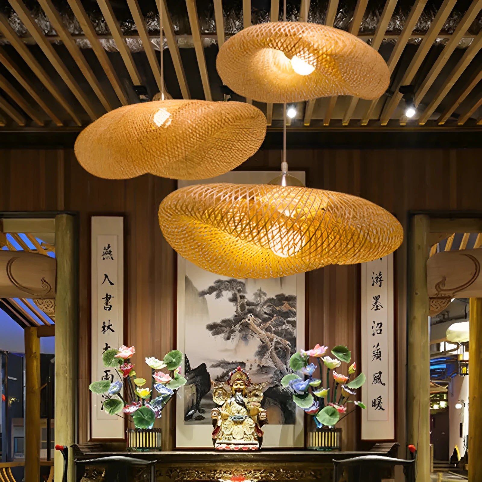 Bamboo Chinese Zen chandelier ceiling light with 40cm shell diameter