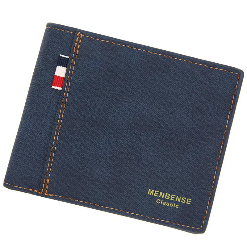 Men's retro style tri-fold leather wallet in multiple colours showing card slots and RFID protection