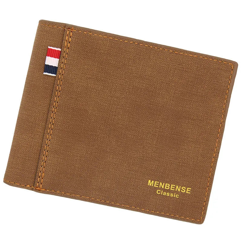 Men's retro style tri-fold leather wallet in multiple colours showing card slots and RFID protection