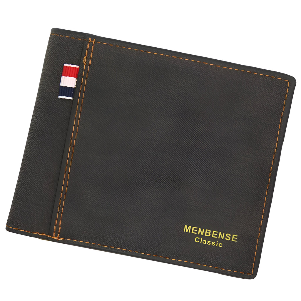 Men's retro style tri-fold leather wallet in multiple colours showing card slots and RFID protection