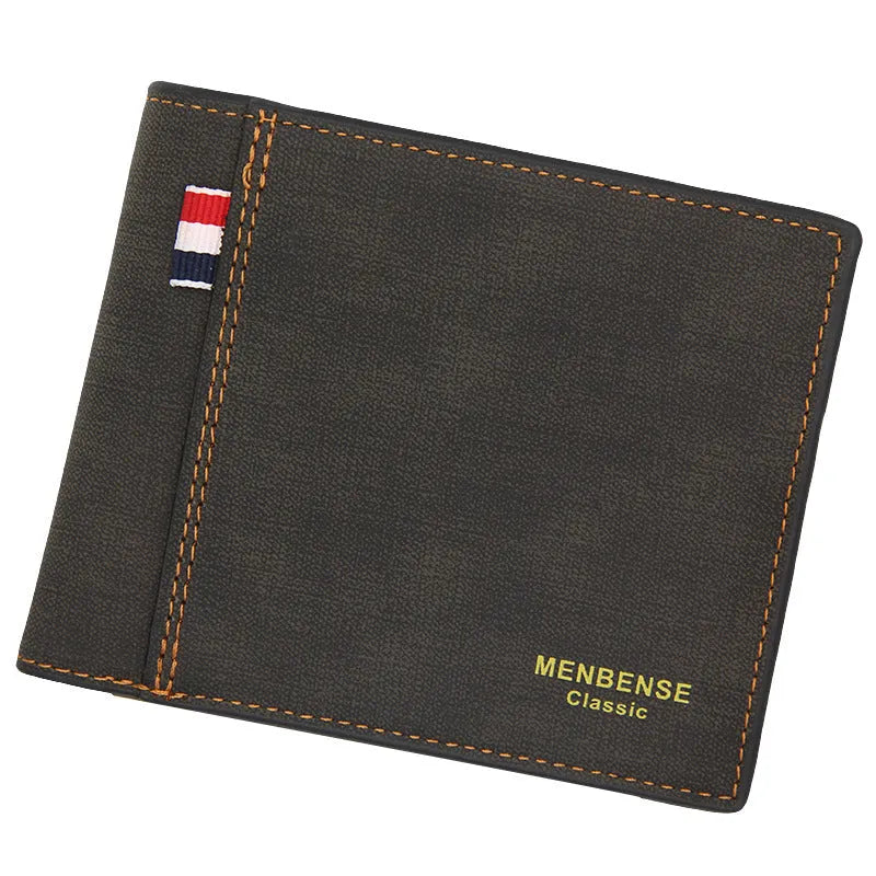 Men's retro style tri-fold leather wallet in multiple colours showing card slots and RFID protection