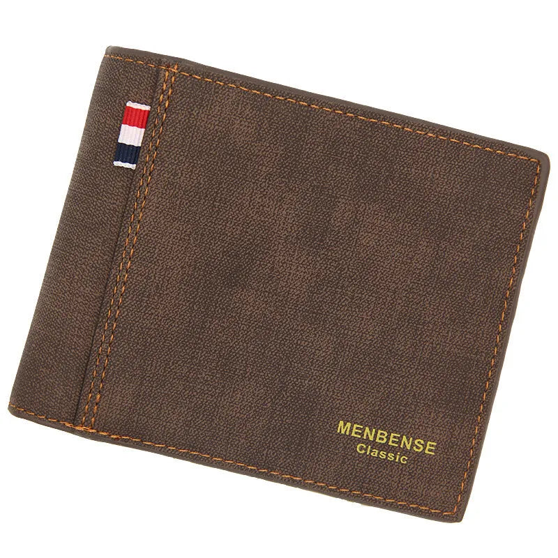 Men's retro style tri-fold leather wallet in multiple colours showing card slots and RFID protection