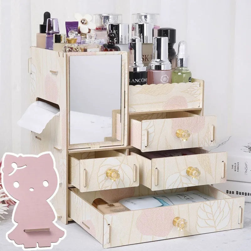 Wooden cosmetic storage box with drawer organisation in various colour options