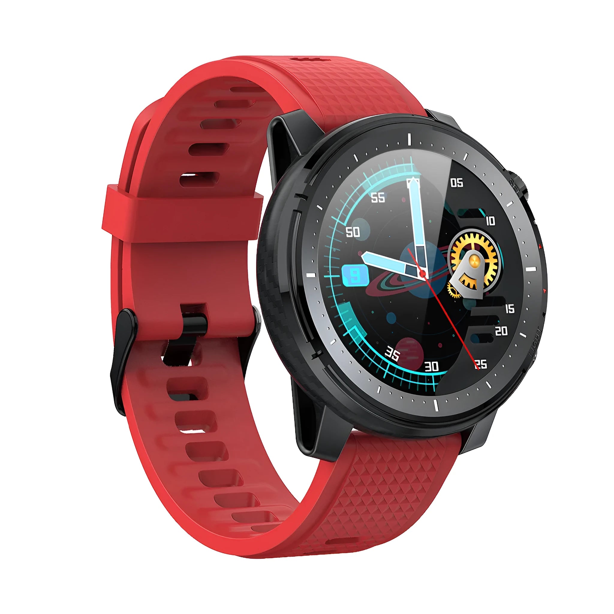 Android smart watch for men with IP68 waterproof rating and round black dial on silicone strap
