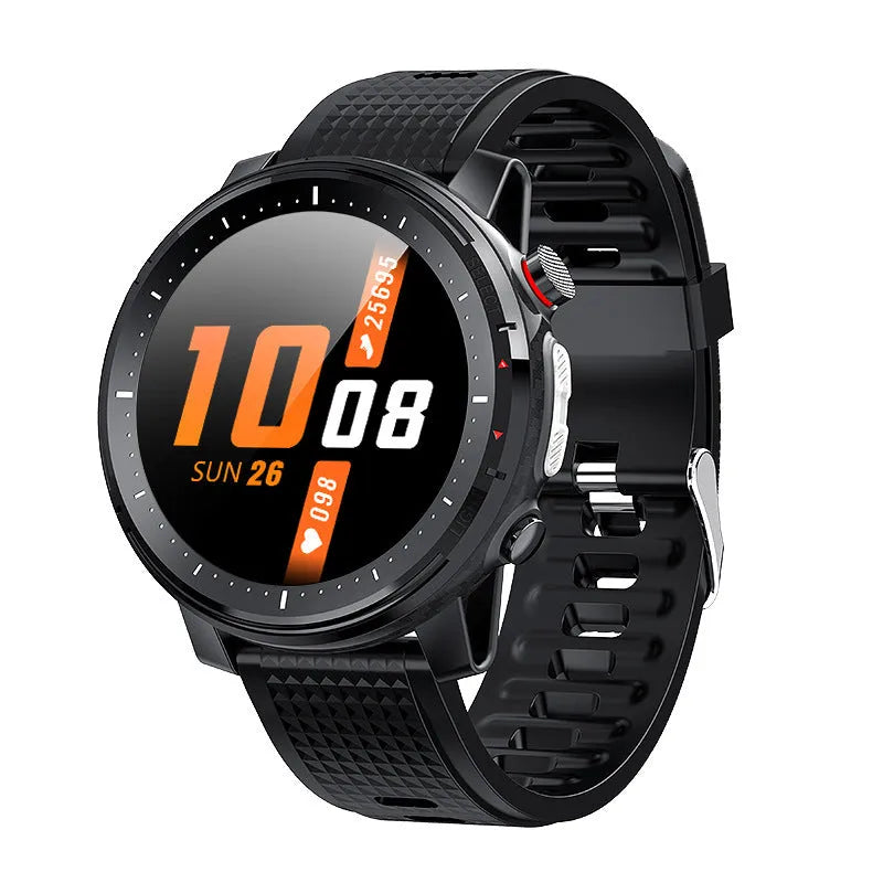 Android smart watch for men with IP68 waterproof rating and round black dial on silicone strap