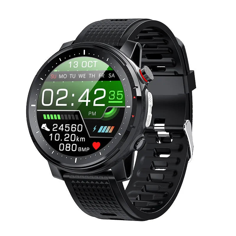 Android smart watch for men with IP68 waterproof rating and round black dial on silicone strap