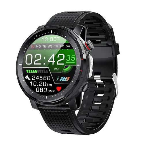 Android smart watch for men with IP68 waterproof rating and round black dial on silicone strap