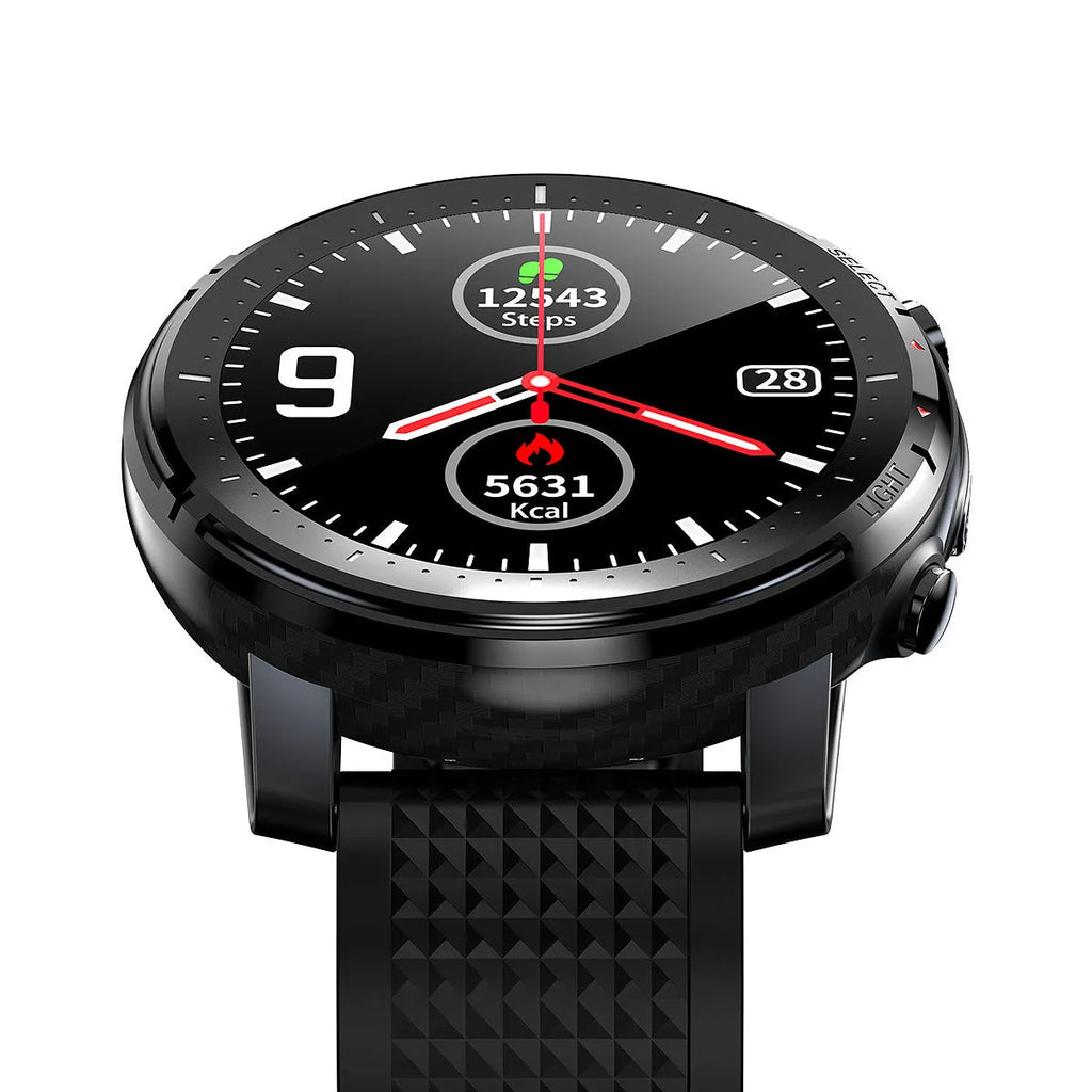Android smart watch for men with IP68 waterproof rating and round black dial on silicone strap