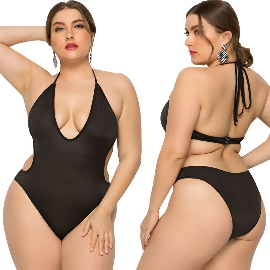 Women's Sling Deep V-neck One-piece Swimsuit with Skirt Detail Flattering Swimwear Available in Black Sizes 2XL to 5XL Plus Size Swimwear for Fuller Figure Coverage