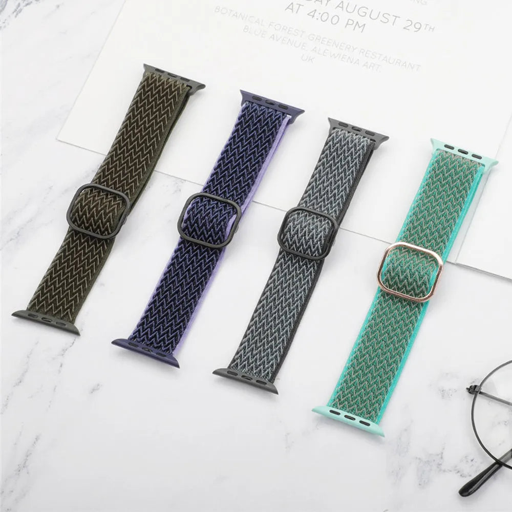 Braided nylon wave pattern elastic strap for Apple Watch in Midnight Blue and Black colour.