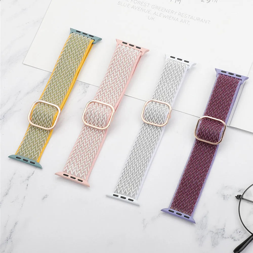 Braided nylon wave pattern elastic strap for Apple Watch in Midnight Blue and Black colour.
