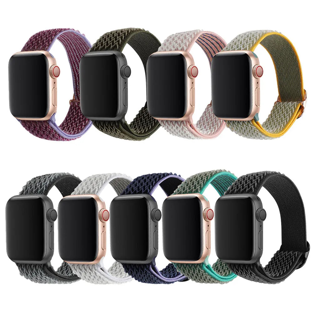 Braided nylon wave pattern elastic strap for Apple Watch in Midnight Blue and Black colour.