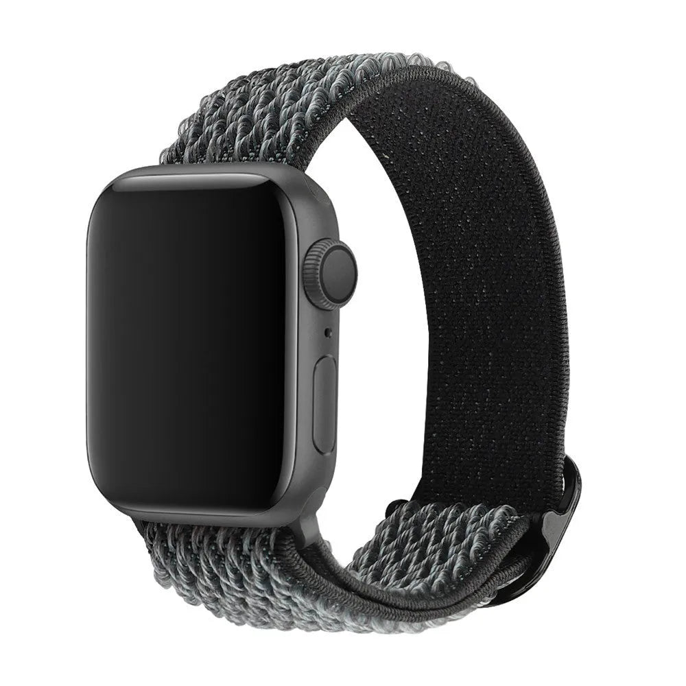 Braided nylon wave pattern elastic strap for Apple Watch in Midnight Blue and Black colour.