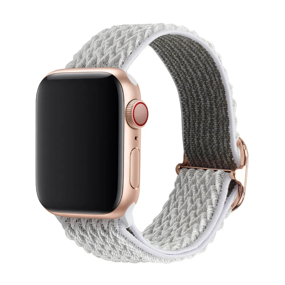 Braided nylon wave pattern elastic strap for Apple Watch in Midnight Blue and Black colour.