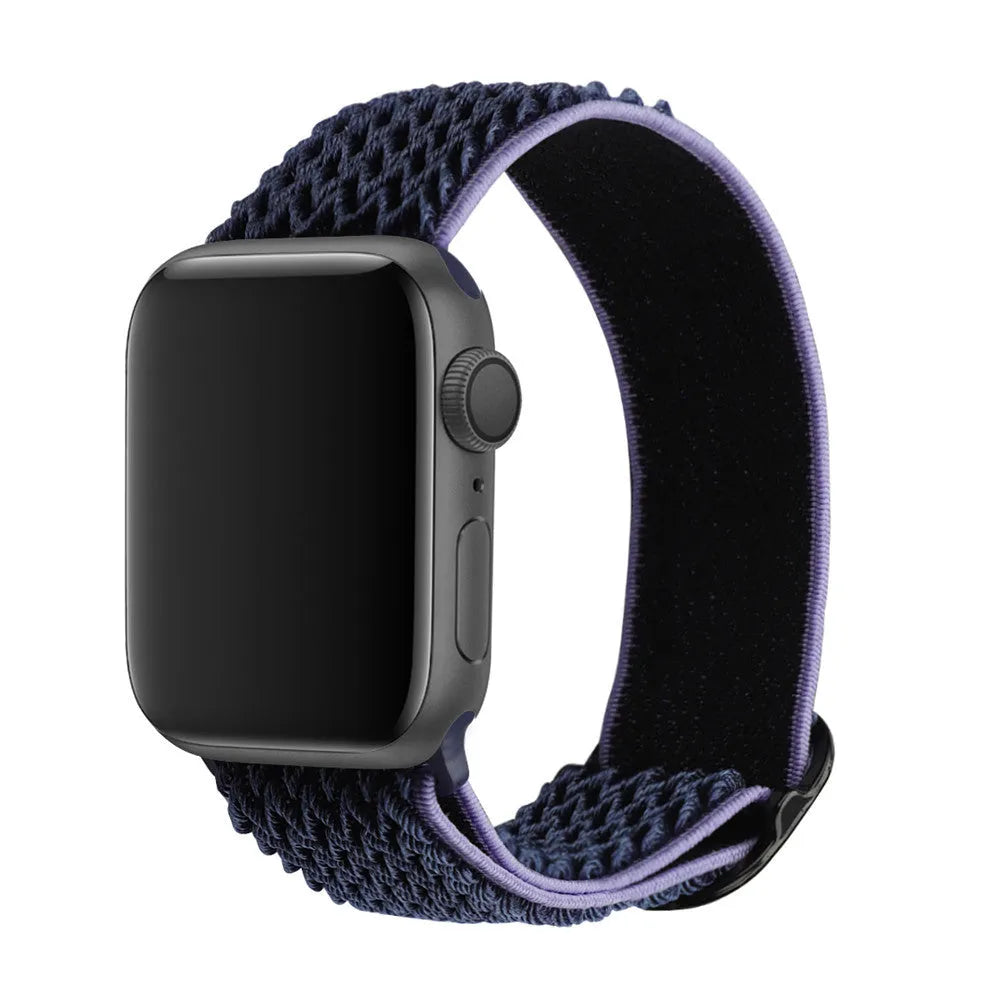 Braided nylon wave pattern elastic strap for Apple Watch in Midnight Blue and Black colour.