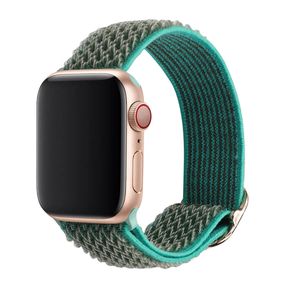Braided nylon wave pattern elastic strap for Apple Watch in Midnight Blue and Black colour.