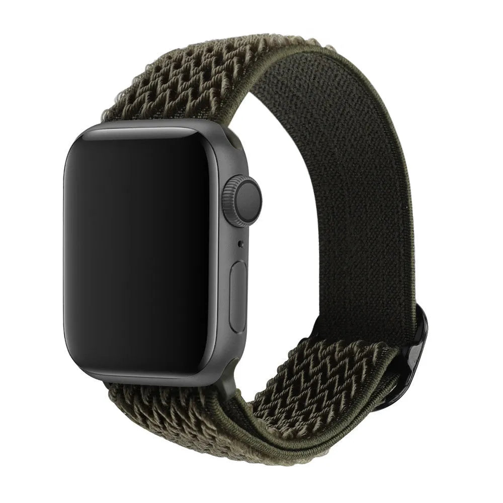 Braided nylon wave pattern elastic strap for Apple Watch in Midnight Blue and Black colour.