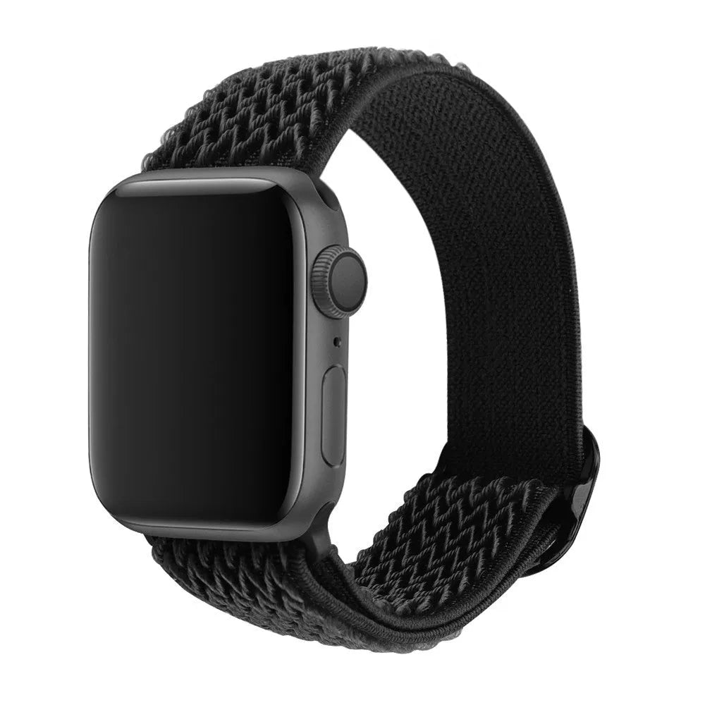 Braided nylon wave pattern elastic strap for Apple Watch in Midnight Blue and Black colour.