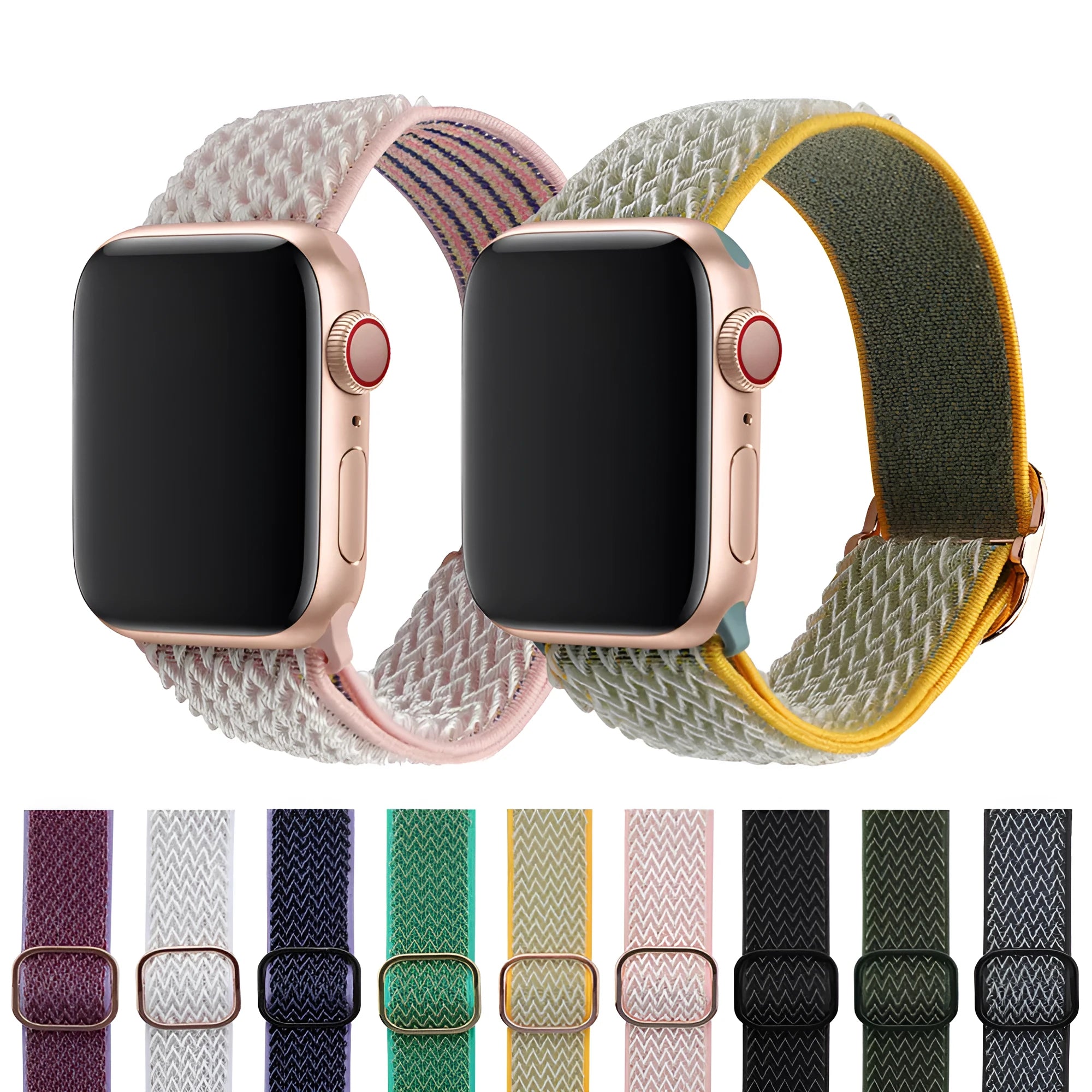 Braided nylon wave pattern elastic strap for Apple Watch in Midnight Blue and Black colour.
