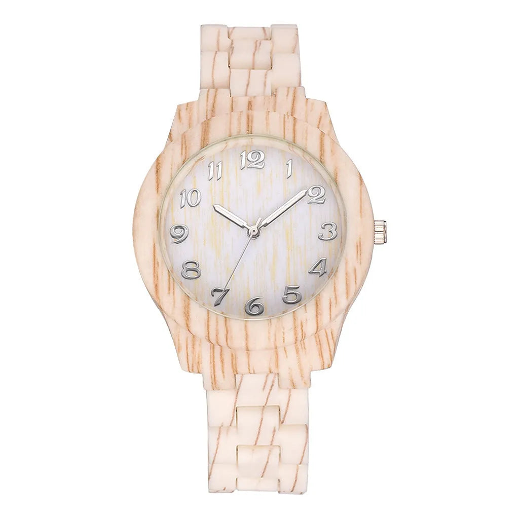 Wood grain dial quartz watch with silicone strap and retro simple design