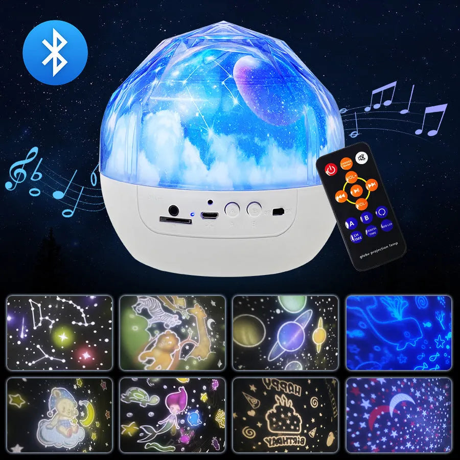Starry sky projector lamp with plastic shade showing cosmos projection pattern on wall
