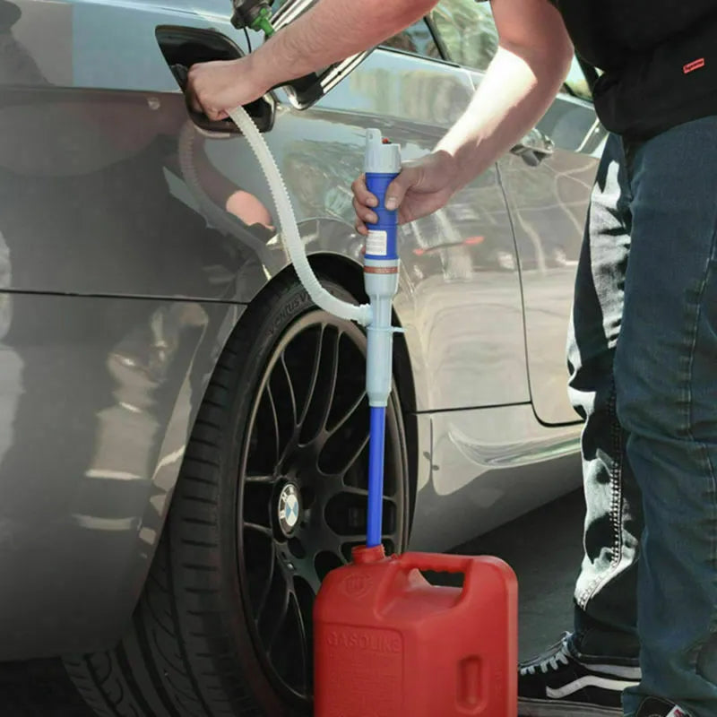 Blue manual hand pump for transferring gasoline and liquids to vehicles