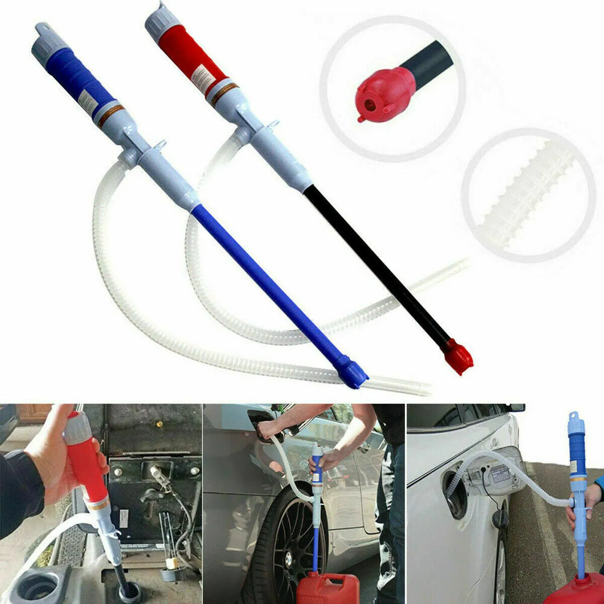 Blue manual hand pump for transferring gasoline and liquids to vehicles