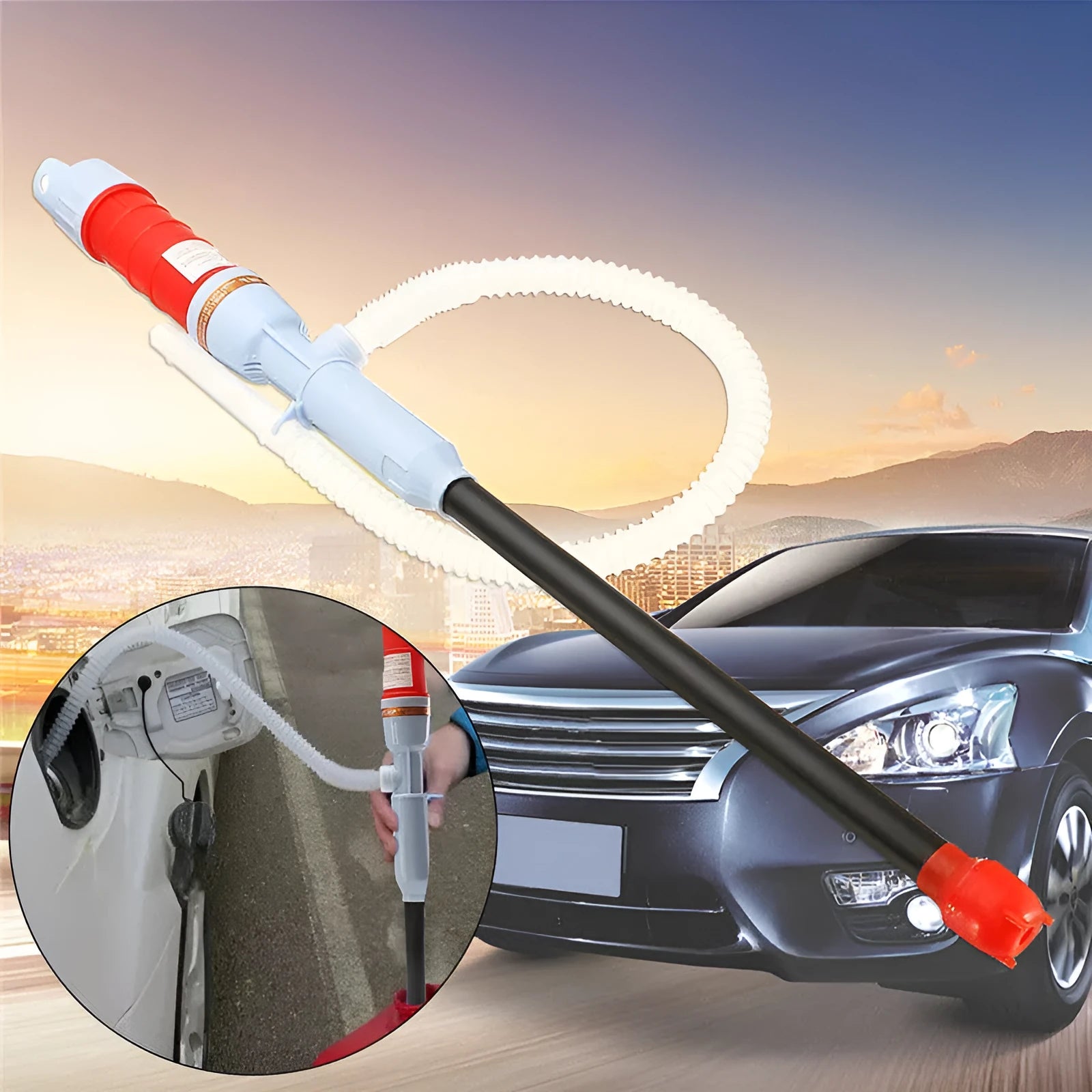 Blue manual hand pump for transferring gasoline and liquids to vehicles