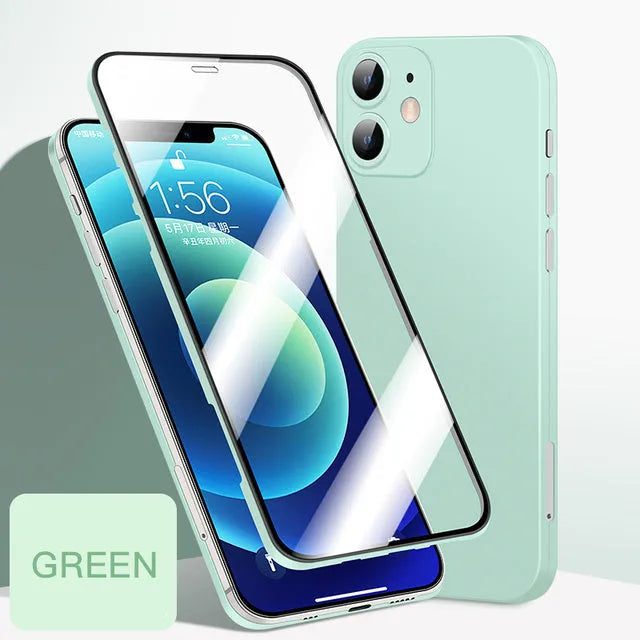 Full cover phone case for iPhone 12 series with front tempered glass and TPU back cover in black
