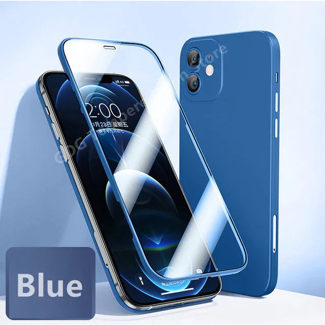 Full cover phone case for iPhone 12 series with front tempered glass and TPU back cover in black